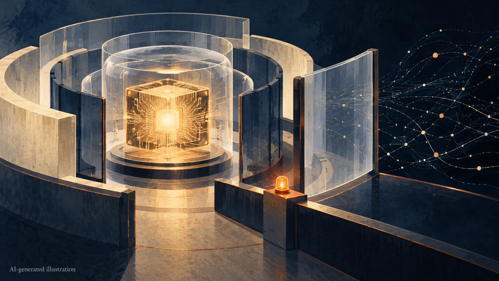 AI illustration of a glowing processor surrounded by protective barriers.