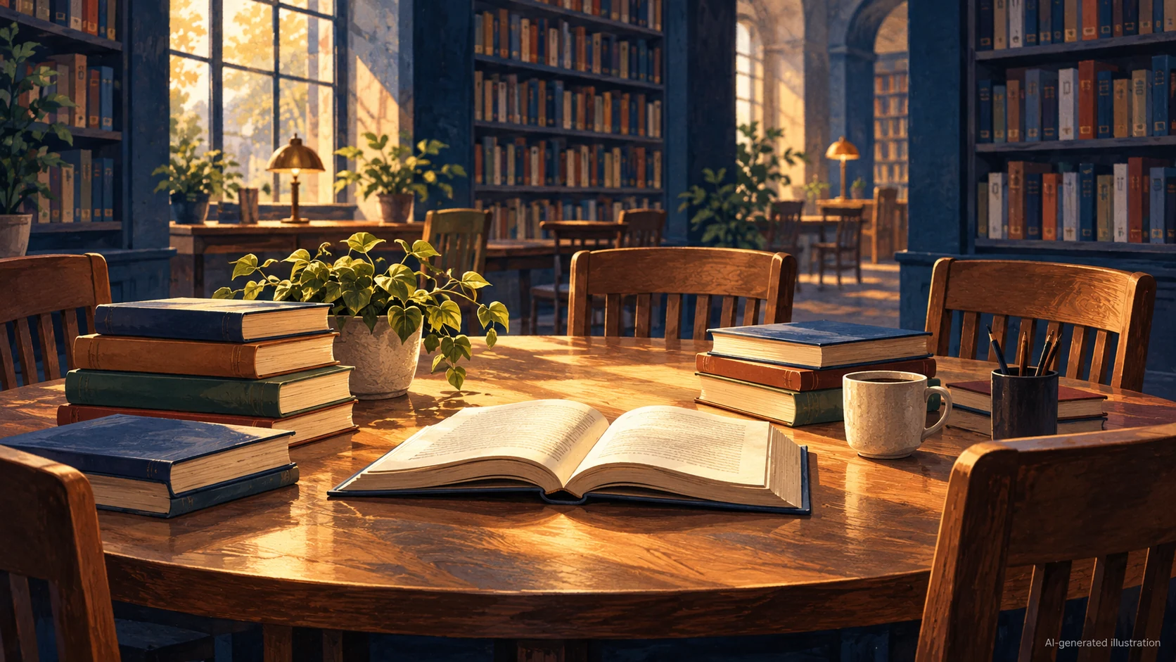 AI illustration of books on a sunlit library reading table.