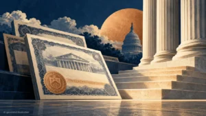 AI illustration of symbolic bond certificates and government architecture.