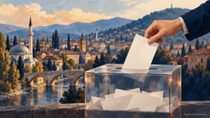 AI illustration of a ballot box against an imagined Sarajevo-inspired skyline.