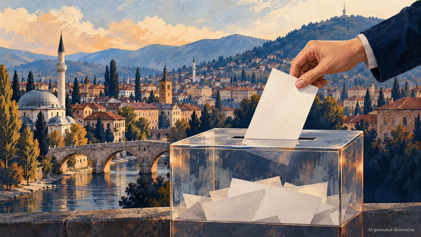 AI illustration of a ballot box against an imagined Sarajevo-inspired skyline.
