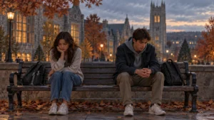 AI illustration of two worried adult students sitting apart on a university campus bench at dusk.