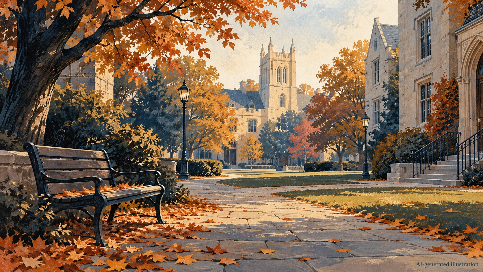 AI illustration of an empty university walkway in autumn.
