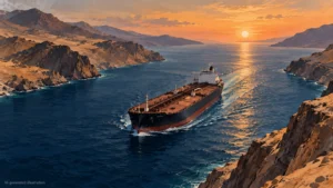 AI illustration of an oil tanker in an imagined rocky sea passage.
