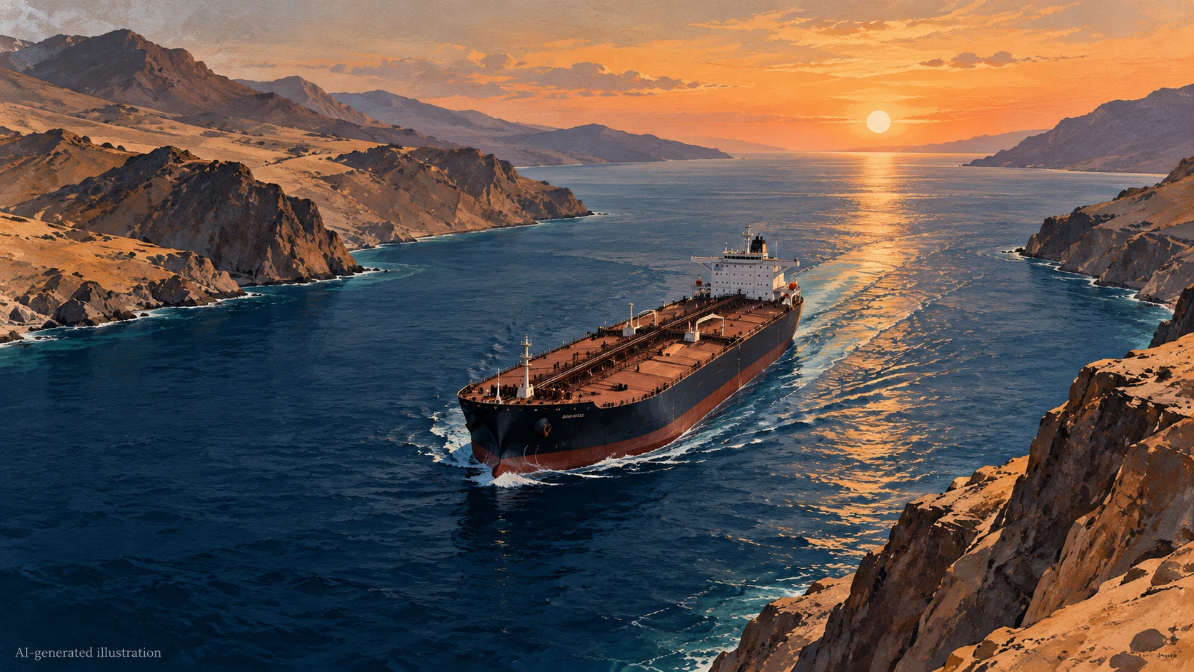 AI illustration of an oil tanker in an imagined rocky sea passage.