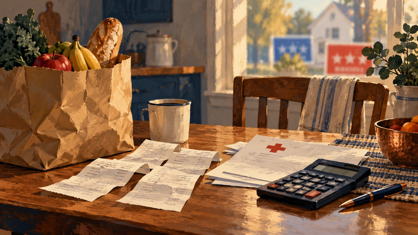 Illustration of groceries, receipts, a medical bill and calculator on a kitchen table, with blurred red and blue campaign signs outside.