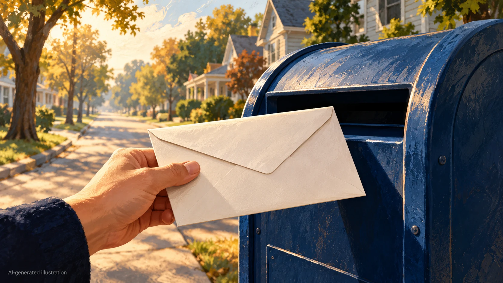 AI illustration of an envelope beside a generic postal collection box.