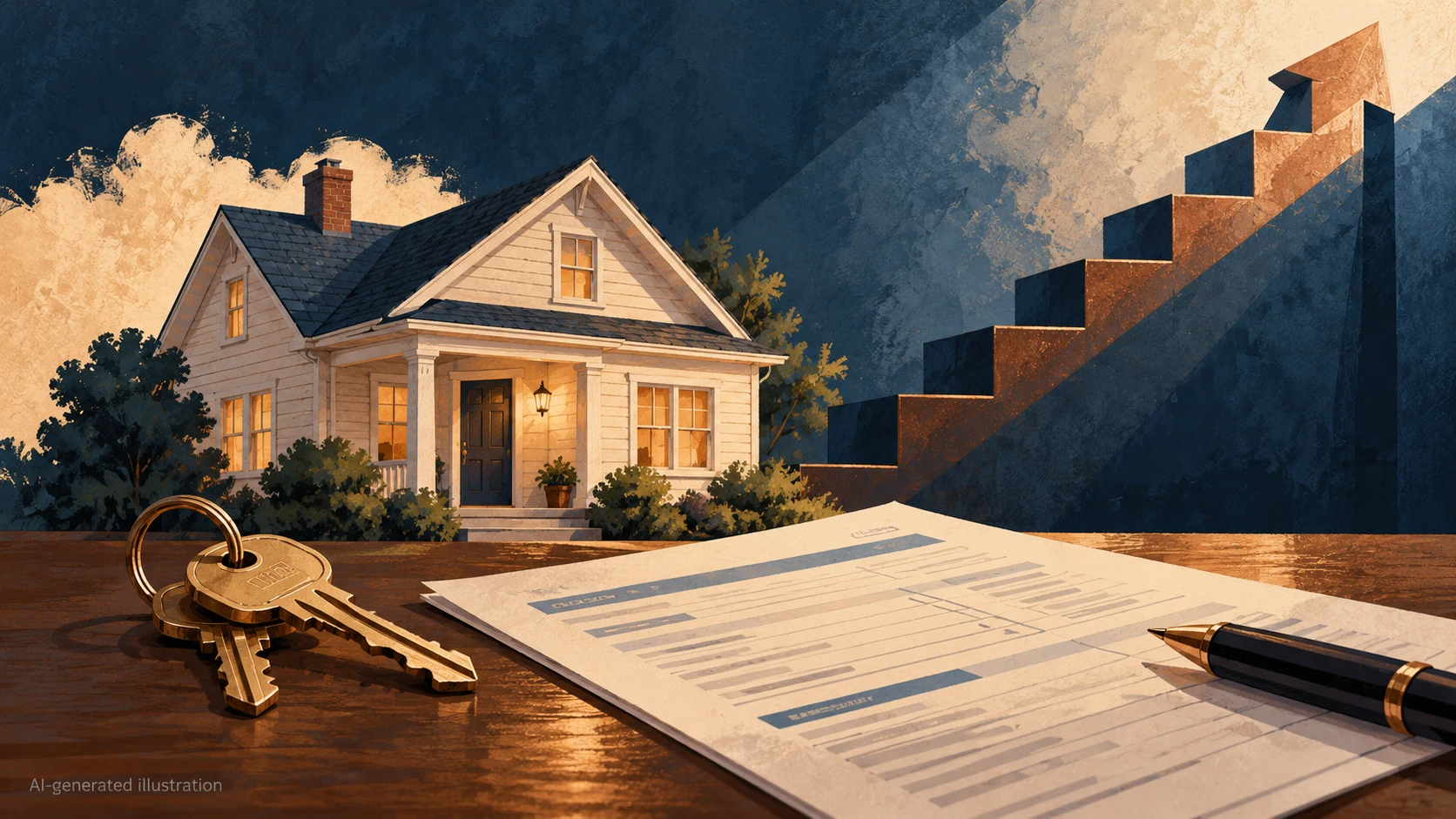 AI illustration of a house, keys and a budget with rising steps in the background.