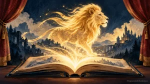 AI illustration of a luminous lion emerging from an open fantasy book.