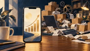 Conceptual illustration contrasting an upward arrow on a smartphone with shipping boxes, receipts, gears and a calculator behind it.