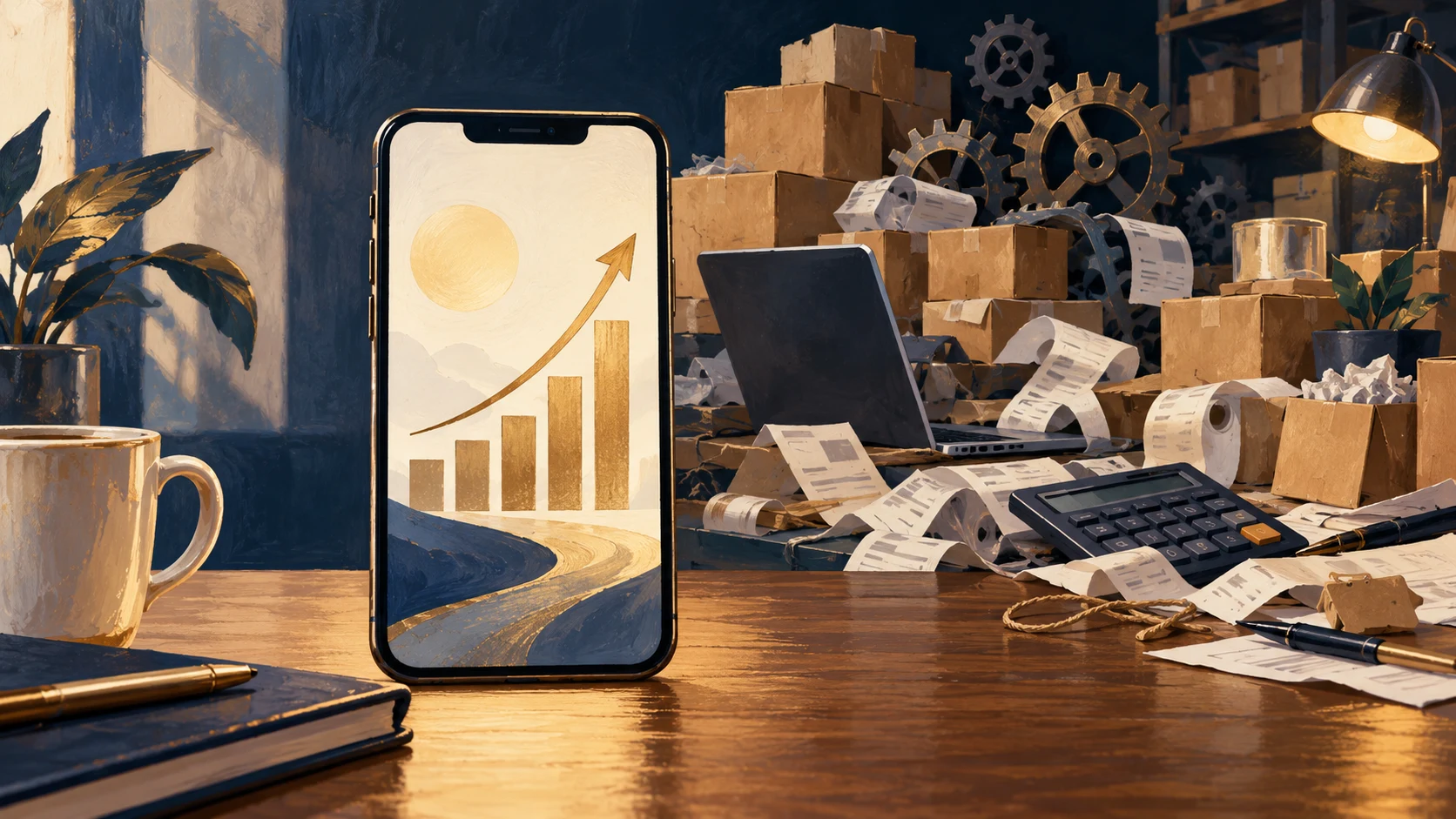Conceptual illustration contrasting an upward arrow on a smartphone with shipping boxes, receipts, gears and a calculator behind it.