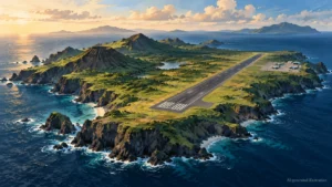 AI illustration of a fictional Atlantic island airfield.