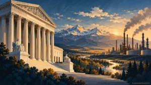 AI illustration combining a courthouse, mountains and oil-industry structures.