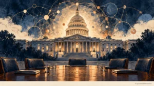 AI illustration of government architecture, a meeting table and a computational network.